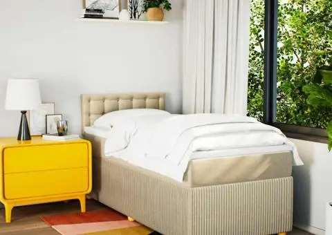 Pat box spring cu saltea, crem, 90x200 cm, textil - 3/5