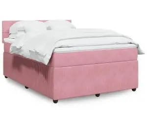 vidaXL Pat box spring cu saltea, roz, 140x190 cm, catifea