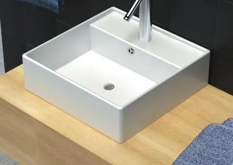 Chiuvetă pătrată din ceramică cu preaplin și scurgere 41 x 41 cm - 1/5
