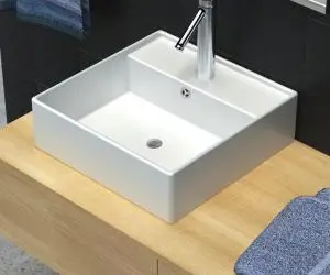 Chiuvetă pătrată din ceramică cu preaplin și scurgere 41 x 41 cm