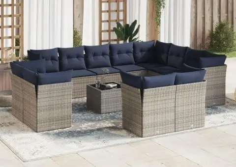 Set mobilier de grădină cu perne, 13 piese, gri, poliratan - 1/3