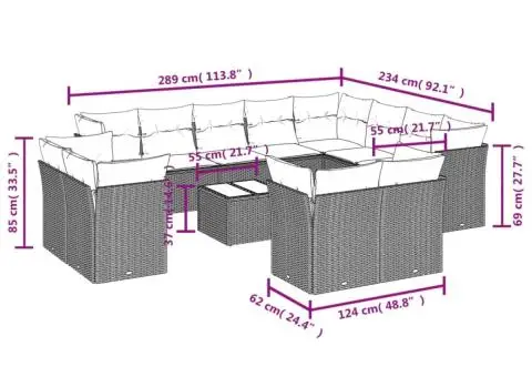 Set mobilier de grădină cu perne, 13 piese, gri, poliratan - 3/3