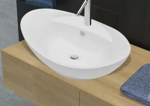 Chiuvetă ovală cu preaplin & orificiu robinet, ceramică de lux - 1/5