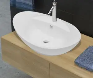 Chiuvetă ovală cu preaplin & orificiu robinet, ceramică de lux