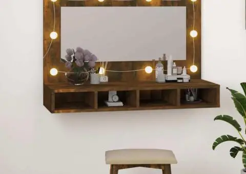 Dulap cu oglindă și LED, stejar fumuriu, 90x31,5x62 cm - 1/5