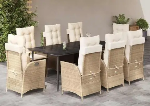 Set de masă pentru grădină, 9 piese, cu perne, bej, poliratan - 1/5