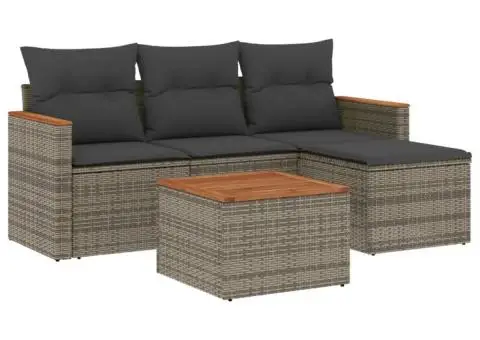 Set canapea de grădină cu perne, 5 piese, gri, poliratan - 2/5