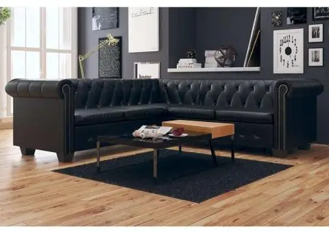 Canapea de colț Chesterfield cu 5 locuri, piele ecologică neagră - 1/5