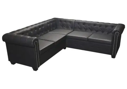 Canapea de colț Chesterfield cu 5 locuri, piele ecologică neagră - 2/5