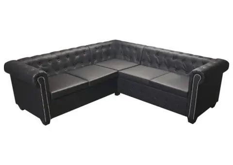Canapea de colț Chesterfield cu 5 locuri, piele ecologică neagră - 3/5