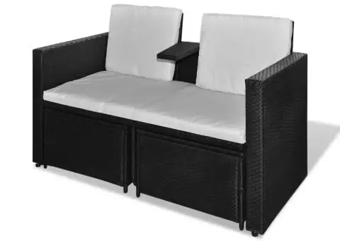 Set mobilier de grădină cu perne, 4 piese, negru, poliratan - 5/5