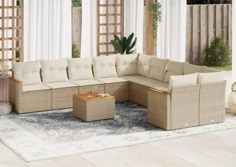 Set canapele de grădină cu perne, 11 piese, bej, poliratan - 1/3