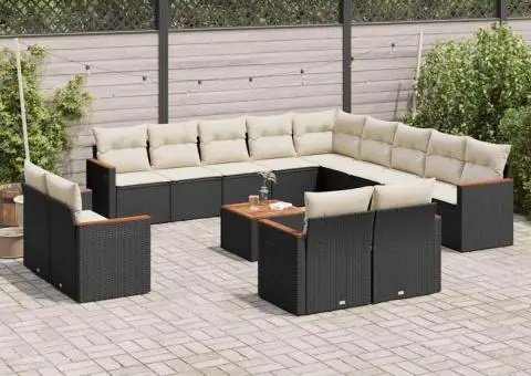 Set mobilier de grădină cu perne, 14 piese, negru, poliratan - 1/3