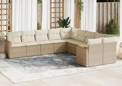 Set canapele de grădină cu perne, 10 piese, bej, poliratan - 1/3