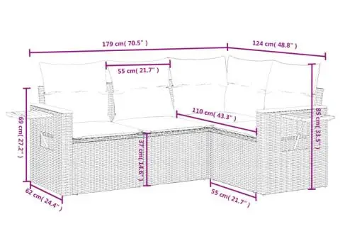 Set mobilier de grădină cu perne, 4 piese, negru, poliratan - 3/3