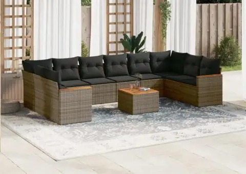 Set canapele de grădină cu perne, 11 piese, gri, poliratan - 1/3