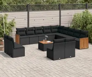 vidaXL Set mobilier de grădină cu perne, 14 piese, negru, poliratan