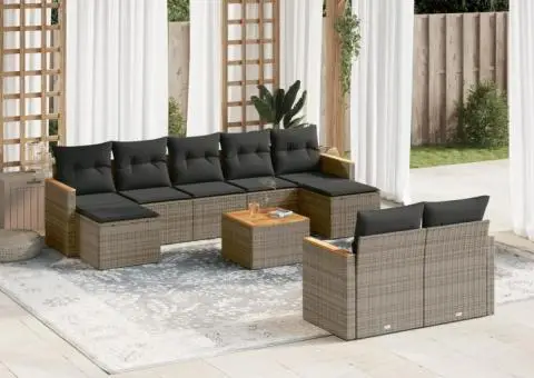 Set mobilier de grădină cu perne, 10 piese, gri, poliratan - 1/3