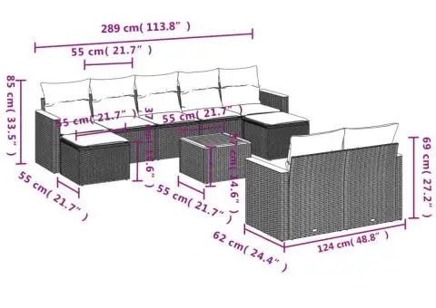 Set mobilier de grădină cu perne, 10 piese, gri, poliratan - 3/3