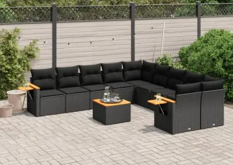 Set canapele de grădină cu perne, 11 piese, negru, poliratan - 1/3