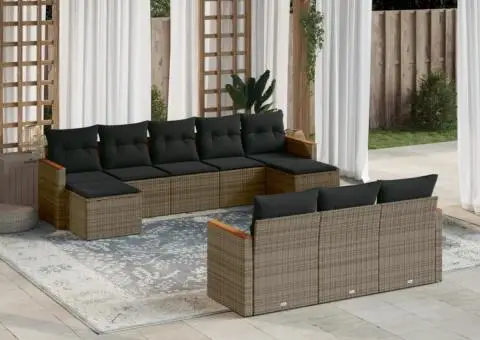 Set mobilier de grădină cu perne, 10 piese, gri, poliratan - 1/3