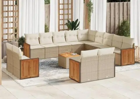 Set canapele de grădină, 14 piese, cu perne, bej, poliratan - 1/3