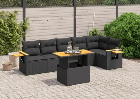 Set canapele de grădină cu perne, 7 piese, negru, poliratan - 1/3