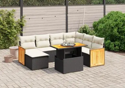 Set mobilier de grădină cu perne, 8 piese, negru, poliratan - 1/3