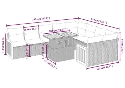 Set canapele de grădină cu perne, 10 piese, bej, poliratan - 3/3