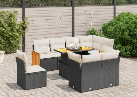 Set mobilier de grădină cu perne, 9 piese, negru, poliratan - 1/3