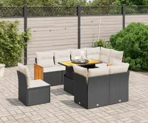 vidaXL Set mobilier de grădină cu perne, 9 piese, negru, poliratan