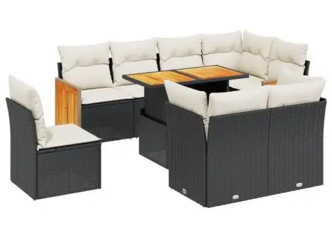 Set mobilier de grădină cu perne, 9 piese, negru, poliratan - 2/3