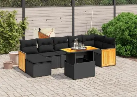 Set mobilier de grădină cu perne, 8 piese, negru, poliratan - 1/3