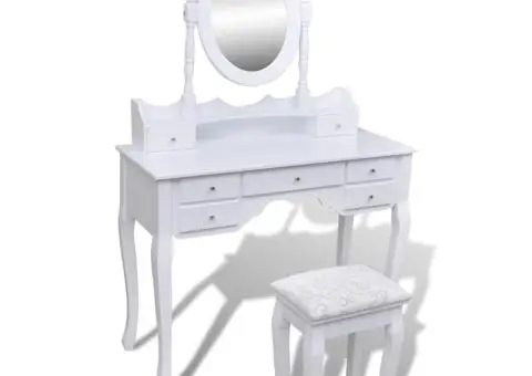 Masă de toaletă cu oglindă și taburet, 7 sertare, alb - 1/5