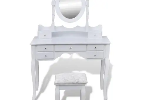 Masă de toaletă cu oglindă și taburet, 7 sertare, alb - 2/5
