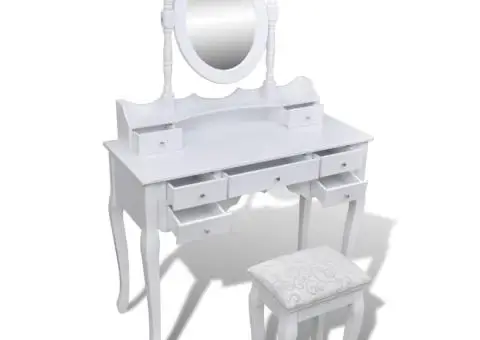 Masă de toaletă cu oglindă și taburet, 7 sertare, alb - 3/5