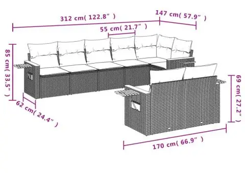 Set canapele de grădină, 8 piese, cu perne, bej, poliratan - 3/3