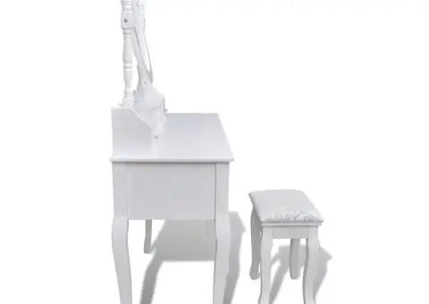 Masă de toaletă cu oglindă și taburet, 7 sertare, alb - 4/5