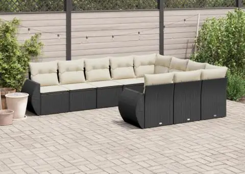 Set canapele de grădină cu perne, 10 piese, negru, poliratan - 1/5