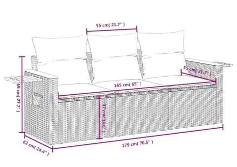 Set canapea de grădină cu perne, 3 piese, gri, poliratan - 3/3