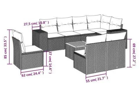 Set canapele de grădină cu perne, 9 piese, gri, poliratan - 3/3