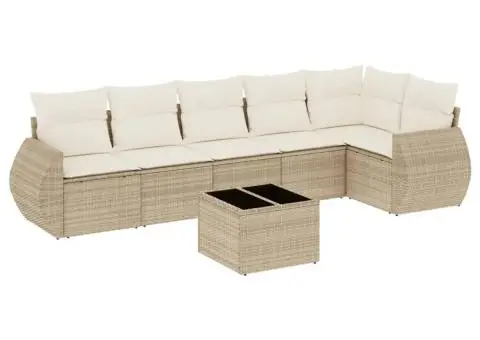 Set canapele de grădină, 7 piese, cu perne, bej, poliratan - 2/5