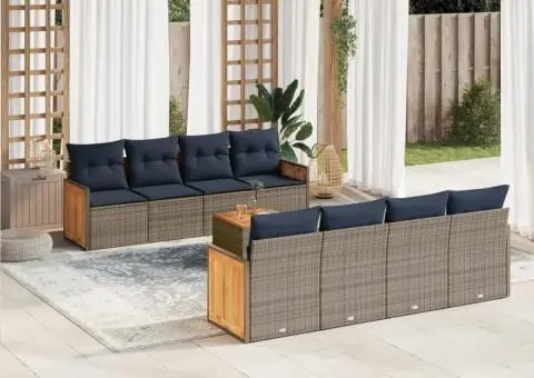 Set canapele de grădină cu perne, 9 piese, gri, poliratan - 1/3