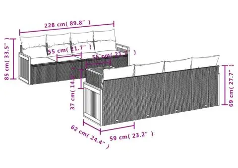 Set canapele de grădină cu perne, 9 piese, gri, poliratan - 3/3