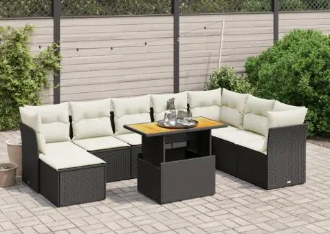 Set mobilier de grădină cu perne, 9 piese, negru, poliratan - 1/4