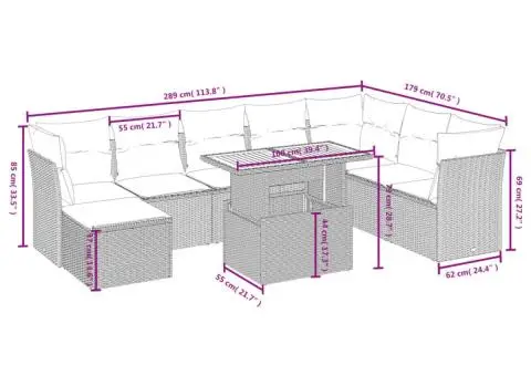 Set mobilier de grădină cu perne, 9 piese, negru, poliratan - 4/4