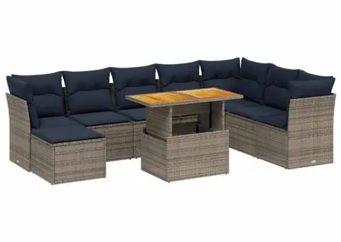 Set canapele de grădină cu perne, 9 piese, gri, poliratan - 2/5