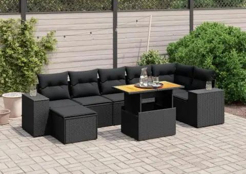 Set mobilier de grădină cu perne, 8 piese, negru, poliratan - 1/4