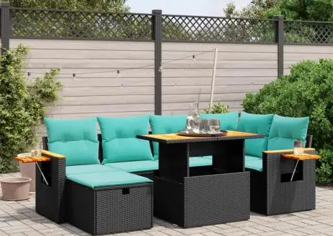 Set canapele de grădină cu perne, 7 piese, negru, poliratan - 1/4