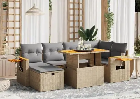 Set canapele de grădină, 7 piese, cu perne, bej, poliratan - 1/4